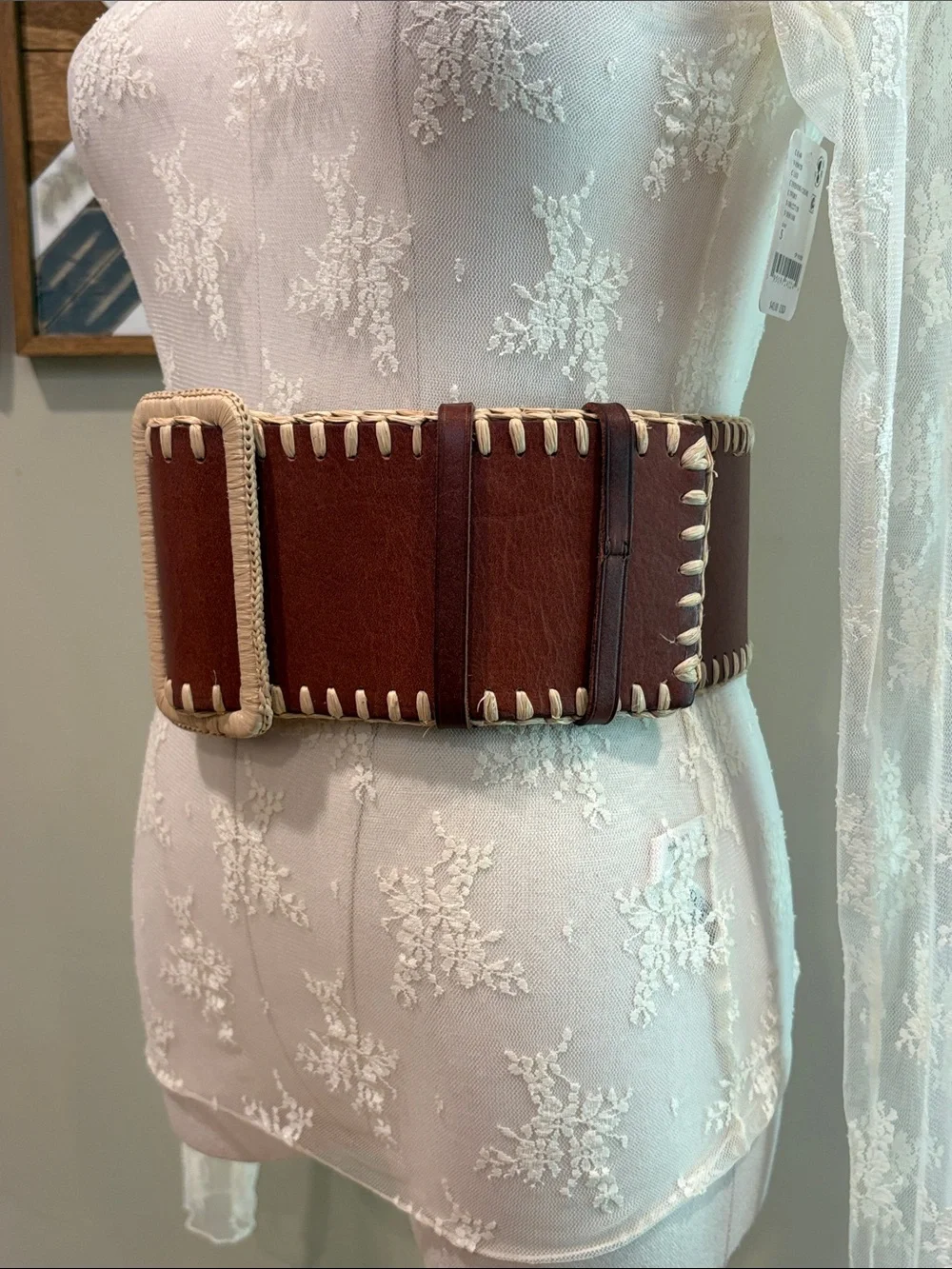 Polo Ralph Lauren Reversible Faux-Raffia Wide Leather Stitch Corset Belt Small